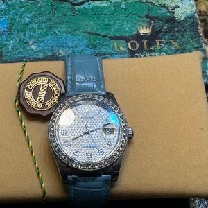 Silver and Blue Watch with Bezeled Stones, Genuine Leather Band.